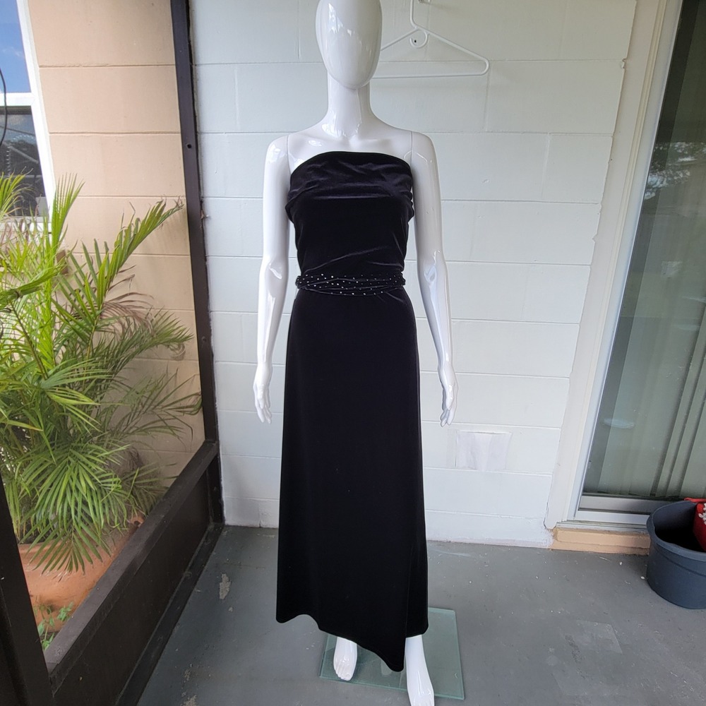 VTG Y2K Ensembles Strapless Maxi Dress Black Velvet Women M Goth Evening Glam